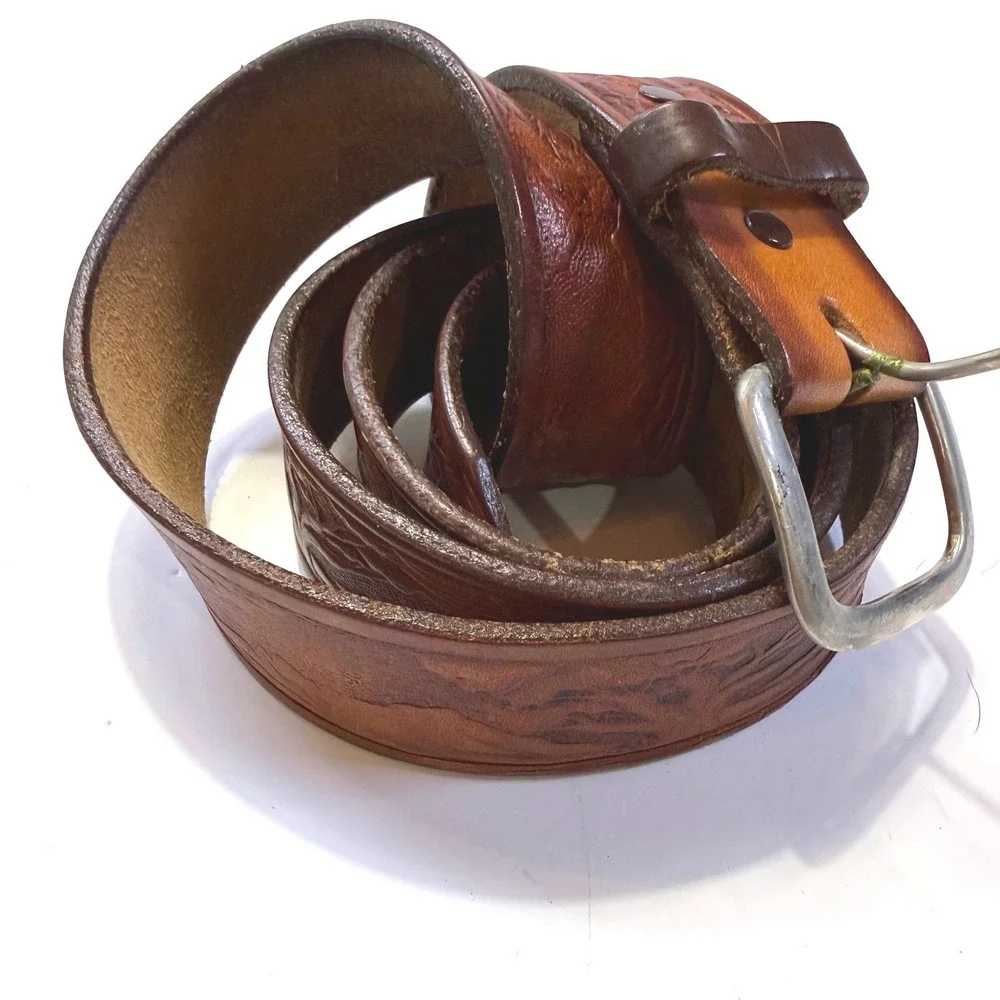 Vintage Tooled Leather Belt Brown Eagle Mountain Scene Western Americana Sz 44